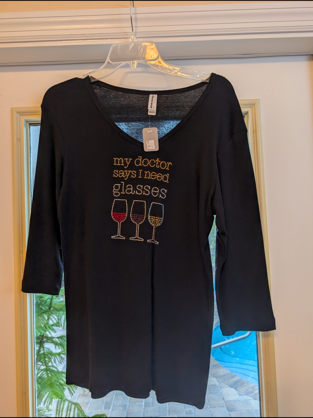 Black V-Neck Graphic Tunic Top with Wine Glass Design